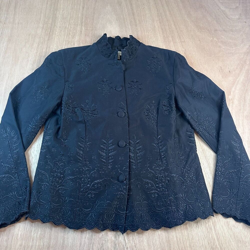 Vintage Y2K David Brooks Black Embroidered Jacket Blouse Women's 12 Scallop Hem